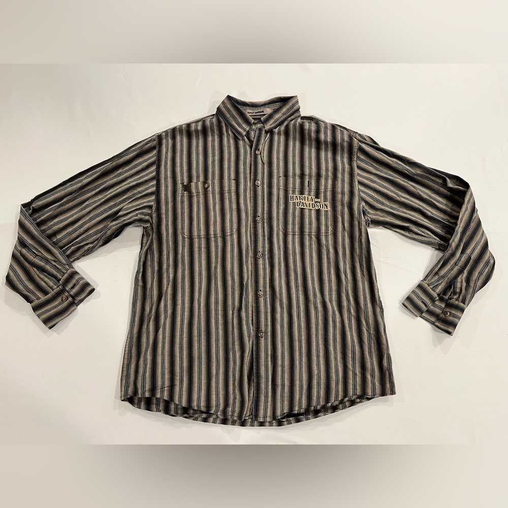 Vintage Harley Davidson Button Up Shirt Long Sleeve Large Embroidered Striped